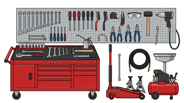 A well-organized toolbox and various automotive tools arranged on a pegboard and work surface against a clean white background.