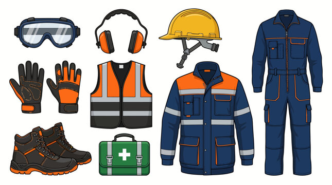 Flat lay of various personal protective equipment and workwear on a clean white background including safety glasses, gloves, a hard hat, and a first aid kit.