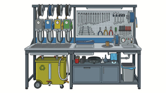 Illustration of a well-organized workbench with various tools and equipment for industrial or technical use on a clean white background.