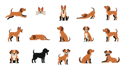 Fototapeta premium Large set of cute dog illustrations in different poses like sitting, running, and stretching for pet care and animal lover themes.