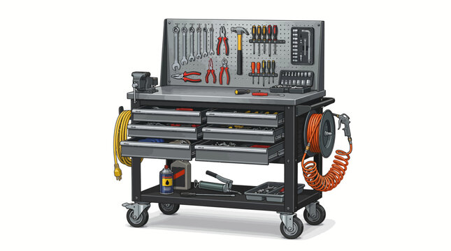 A well-organized tool chest on wheels with various tools and equipment attached, against a plain white background.