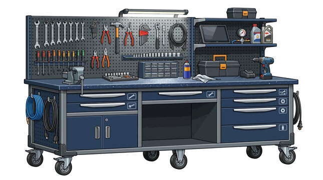A well-organized blue workbench with various tools and equipment arranged on and in its drawers and pegboard against a plain white background.