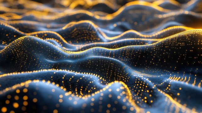 Abstract digital data waves with glowing golden particles and textured blue surfaces, representing technological concepts