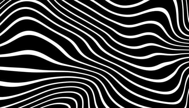 Black and White Optical Illusion Swirl Pattern, Abstract Wavy Line Distortion Background, Monochrome Fluid Contour Art, Dynamic Op Art Movement Texture, Modern Hypnotic Wave Design.