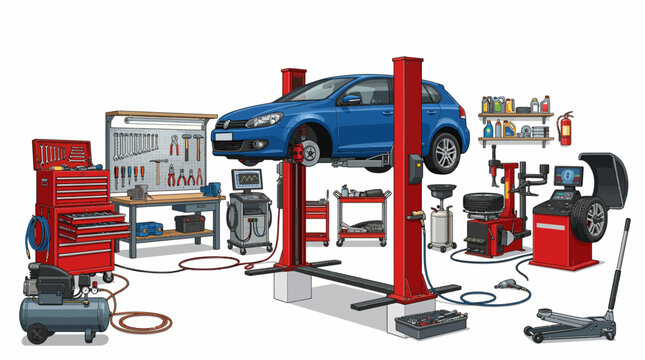 A blue car on a red hydraulic lift in an auto repair shop with various tools and equipment scattered around.