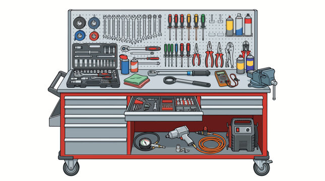 Illustration of a red and gray tool chest with various tools and equipment on and inside, against a white background.