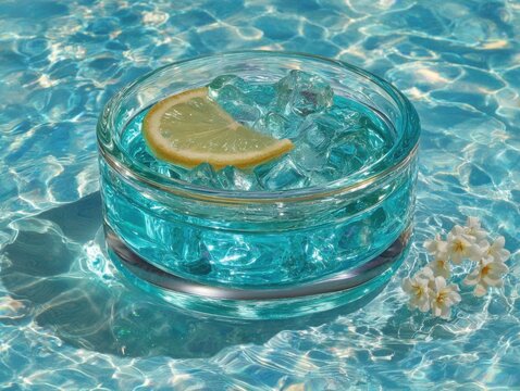 Glass bowl with ice and lemon slice in turquoise water  