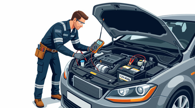Mechanic in workwear inspecting car engine with hood open on a plain white background with a technical mood.
