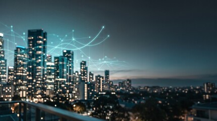Fototapeta premium A futuristic cityscape at dusk with a network of glowing blue lines and dots