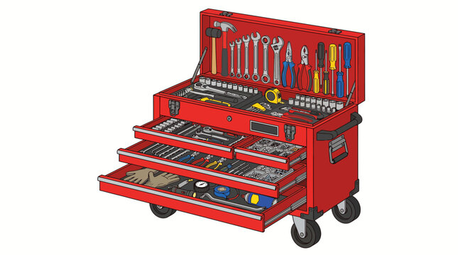 Red tool chest with open drawers and various tools on a white background, showcasing organized storage.