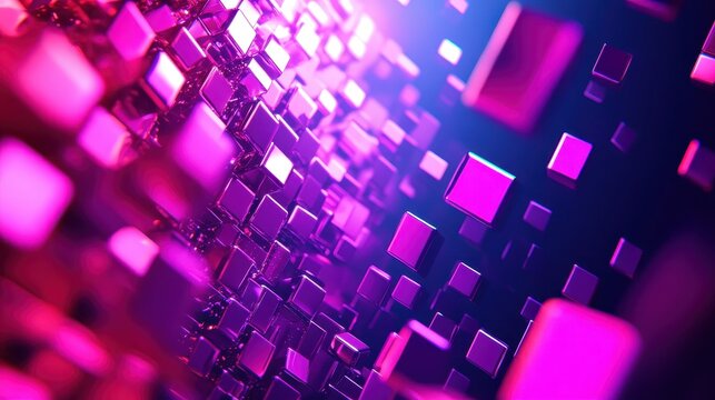 Abstract network of glowing purple cubes in a dynamic digital environment