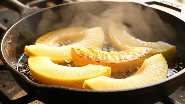 Frying slices of yellow melon in a cast iron skillet over a stove top burner