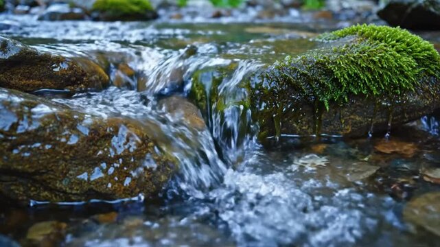 Tranquil stream flowing over moss covered rocks creating a peaceful natural scene