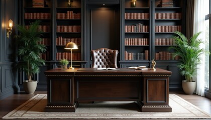 Obraz premium Luxury study room with dark wood desk, tufted leather chair, and floor to ceiling bookshelves filled with old books. Large green plants frame elegant workspace. Natural light streams in from window.