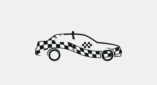 Taxi Car Line Art Icon with Checkerboard Pattern