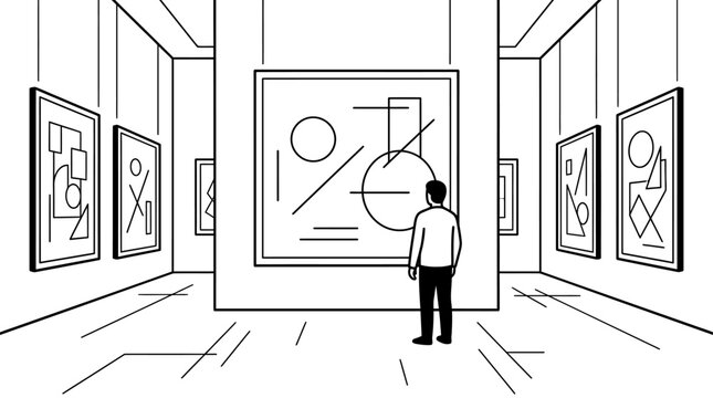 A man standing and observing an abstract art painting in a gallery.
