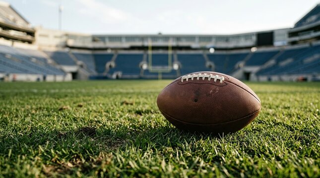 Close-up of American football on grass field in empty stadium during daytime