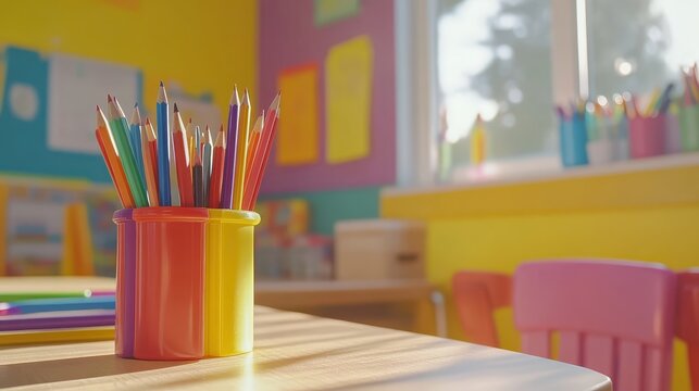 Colorful Pencils in a Bright Classroom Setting, Ready for Creative Learning and Artistic Expression