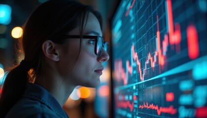 Naklejka premium Young woman in glasses analyzes stock market graphs on glowing screen at night. Data analytics, financial trading, crypto investment concepts shown. Future tech, global economy, business insights