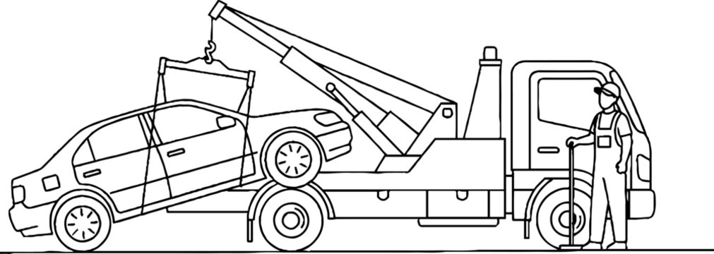 Tow truck towing damaged car on flatbed trailer.