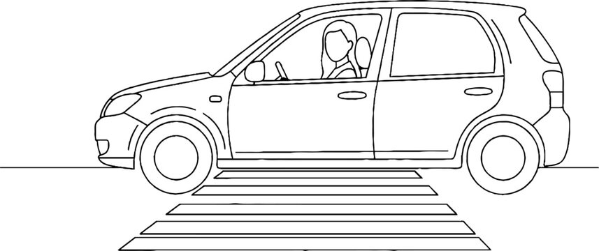 Compact hatchback car crossing pedestrian zebra crossing.