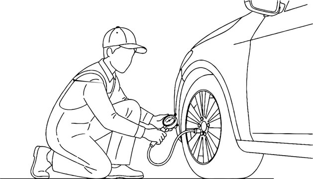 Mechanic inflating car tire with portable air compressor tool.