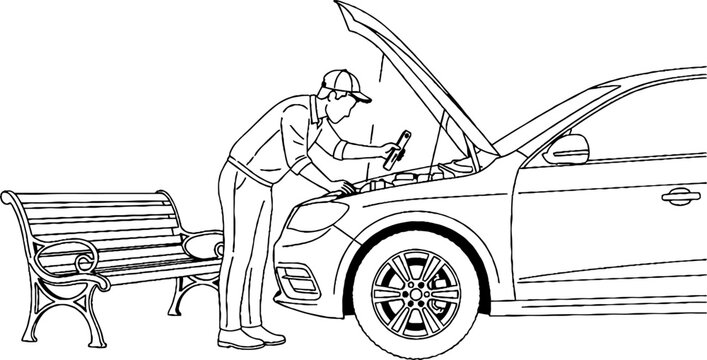 Mechanic inspecting car engine under open hood.