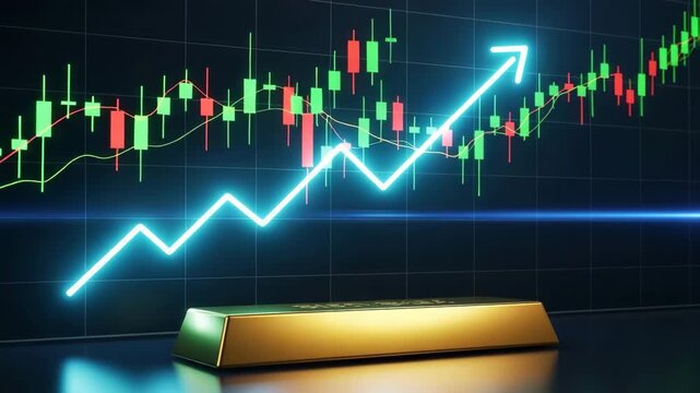 Gold Bullion and Upward Trend Graph: A gleaming gold bullion bar sits in the foreground, set against a backdrop of a vibrant candlestick chart displaying a strong upward trend.