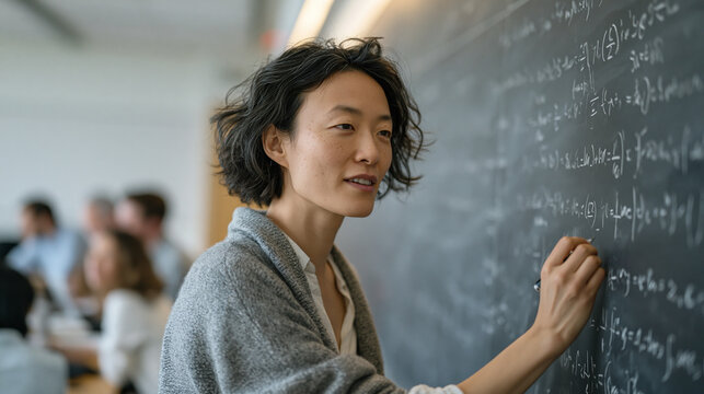 Theoretical physicist filling enormous floor-to-ceiling chalkboard with equations describing invisible mass distribution models while colleagues debate at conference table in