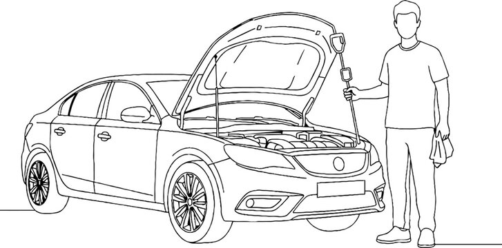 Man inspecting open hood of modern sedan car.