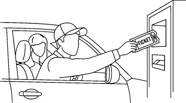 Driver inserting parking ticket into machine from car.