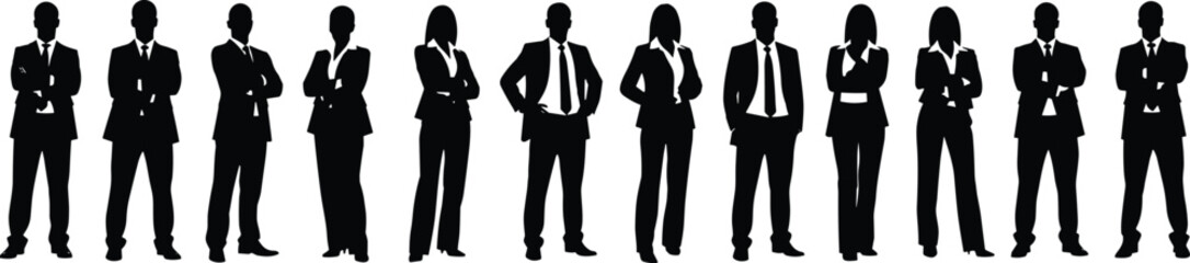 Fototapeta premium Corporate group silhouette illustration featuring professionals in formal attire, symbolizing workplace unity, teamwork, collaboration, and professional business identity concepts