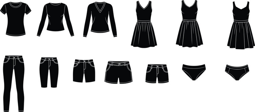 Clothing silhouette illustration featuring shirts, dresses, pants, shorts, and underwear, symbolizing fashion variety, wardrobe essentials, and garment design concepts
