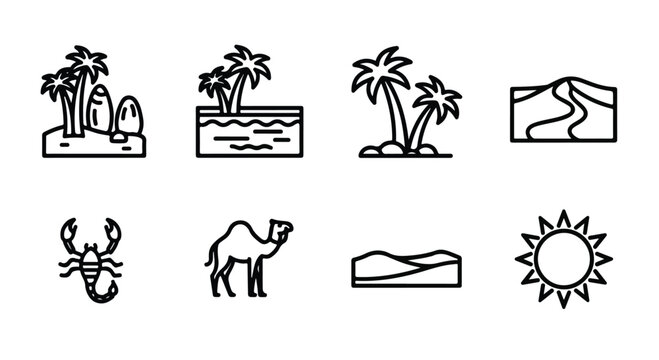 Minimalist landscape line icons set, 8 vector symbols of nature and travel, nomadic yurt and horse illustrations for outdoor branding