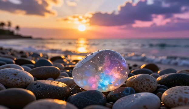 Magical glowing translucent stone on a pebble beach at sunset with beautiful pink and purple sky.