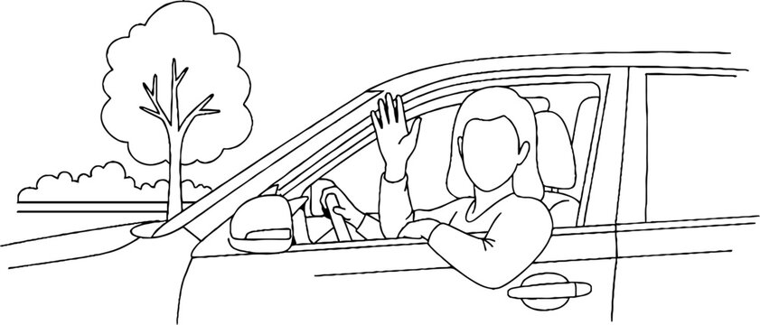 Happy woman waving from inside her car window.