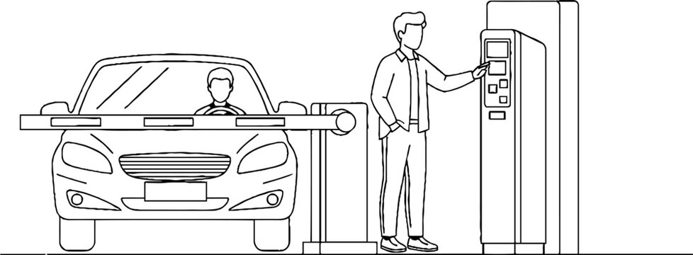Driver paying at automated parking meter station outside.