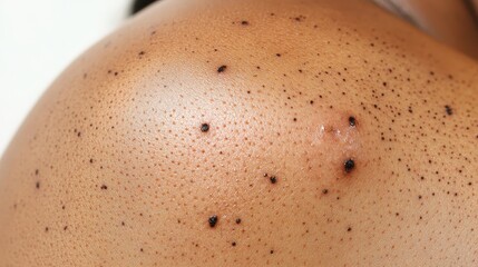 Fototapeta premium Detailed close-up view of human skin texture revealing numerous blackheads and enlarged pores