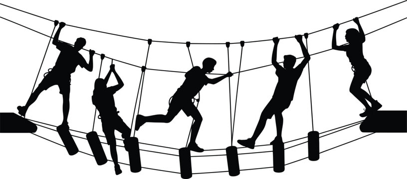 Group of people silhouettes navigating high ropes course obstacles with silhouette adventure climbing obstacle