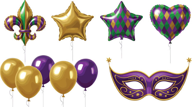 Mardi Gras Foil Balloons and Carnival Mask Vector Set with Fleur de Lis Star and Heart Shapes for New Orleans Festival Party Graphic Designs