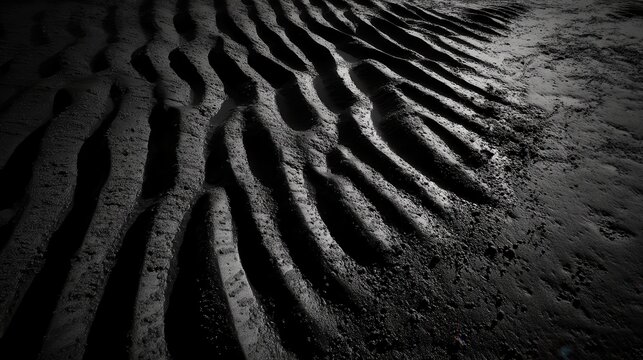 Dramatic monochrome patterns formed by tidal ebb and flow on a sandy seabed, showcasing natural textures and forms.