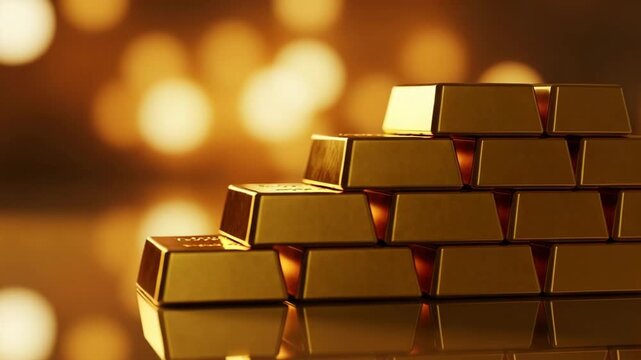 Stacked Gold Bullion Bars: A treasure trove of gleaming gold bullion bars meticulously stacked in a pyramid formation, reflecting warm, out-of-focus golden lights, evoking wealth and luxury.