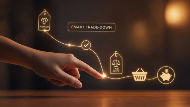 Value-Seeking Behavior - A poised hand gently selects better value over premium, highlighting smart consumer choices with preserved quality in a modern, minimal interface.
