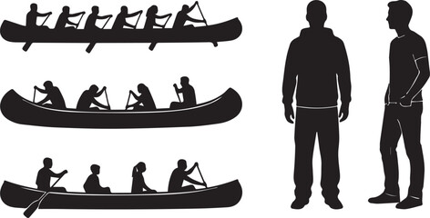Black silhouettes of people rowing in longboats and canoes alongside standing men isolated on a white background © Mokbul