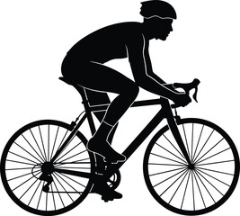 Naklejka premium Cyclist silhouette of a road bike rider, wearing helmet and leaning forward in aerodynamic posture with bold expressive outlines