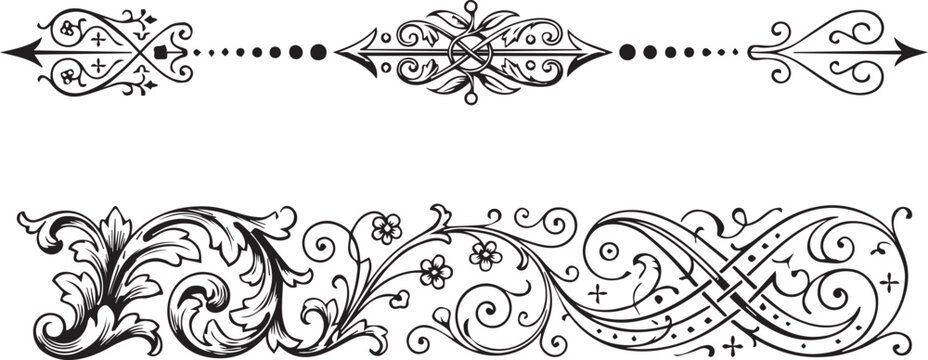 Ornate vintage dividers and elegant baroque border pattern with floral filigree scrolls isolated on a white background