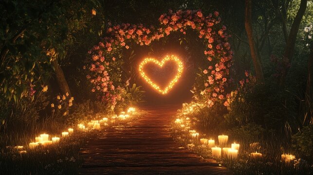 A romantic path in a dark forest illuminated by candles and a glowing heart-shaped archway.
