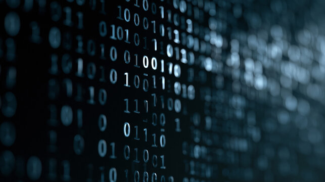 Binary code cascading on a dark background with varying opacity digits and cool ambient glow creating a technical atmosphere suited for cybersecurity awareness campaigns,
