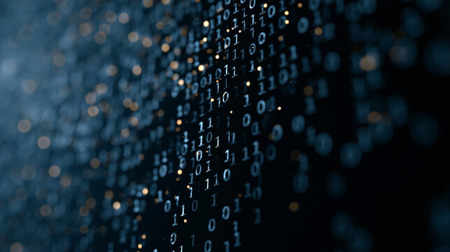 Binary code cascading on a dark background with varying opacity digits and cool ambient glow creating a technical atmosphere suited for cybersecurity awareness campaigns,