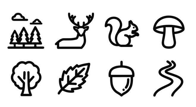 Minimalist landscape line icons set, 8 vector symbols of nature and travel, nomadic yurt and horse illustrations for outdoor branding
